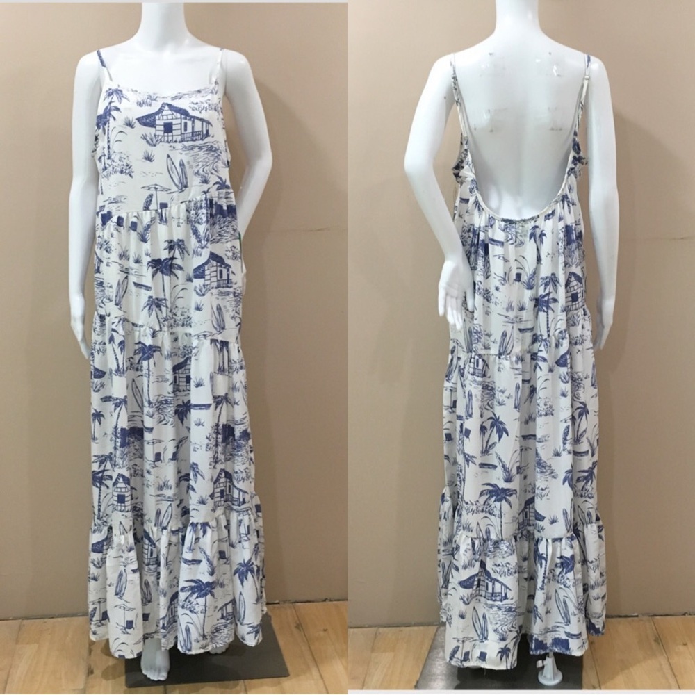 True Destinations Maxi Dress Womans Size L Blue Palm Print Flowy Versatile New